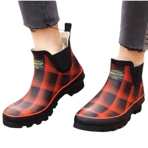 Pendleton Red Plaid Rubber Rain Boots Women’s Size 9 Waterproof Ankle Chelsea - Picture 1 of 15